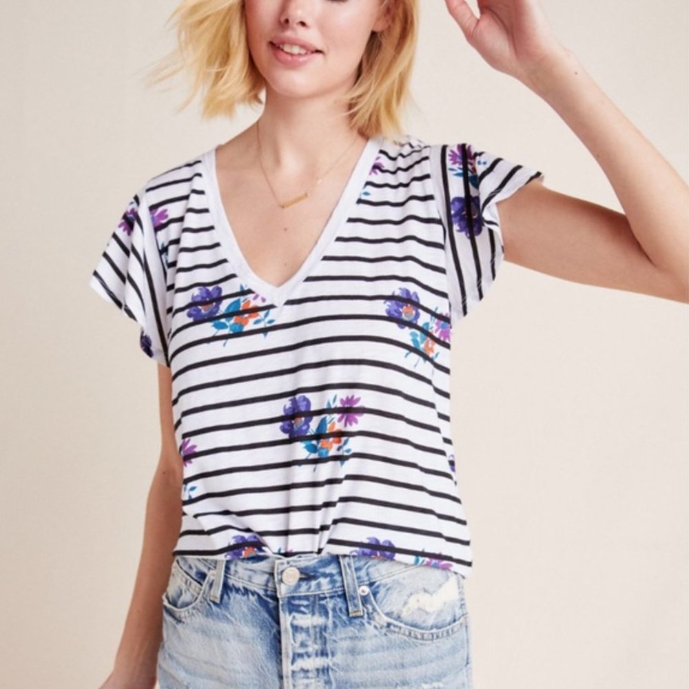 Anthropologie T.La Striped Floral Flutter Sleeve Wayfaring Tee T-shirt V-neck XS
